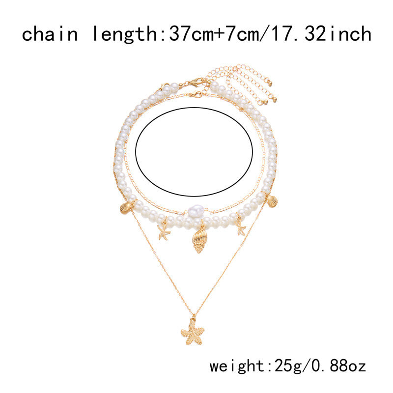 Wholesale Summer retro holiday style beach shell imitation pearl conch multi-layer women's necklace starfish pendant necklace set